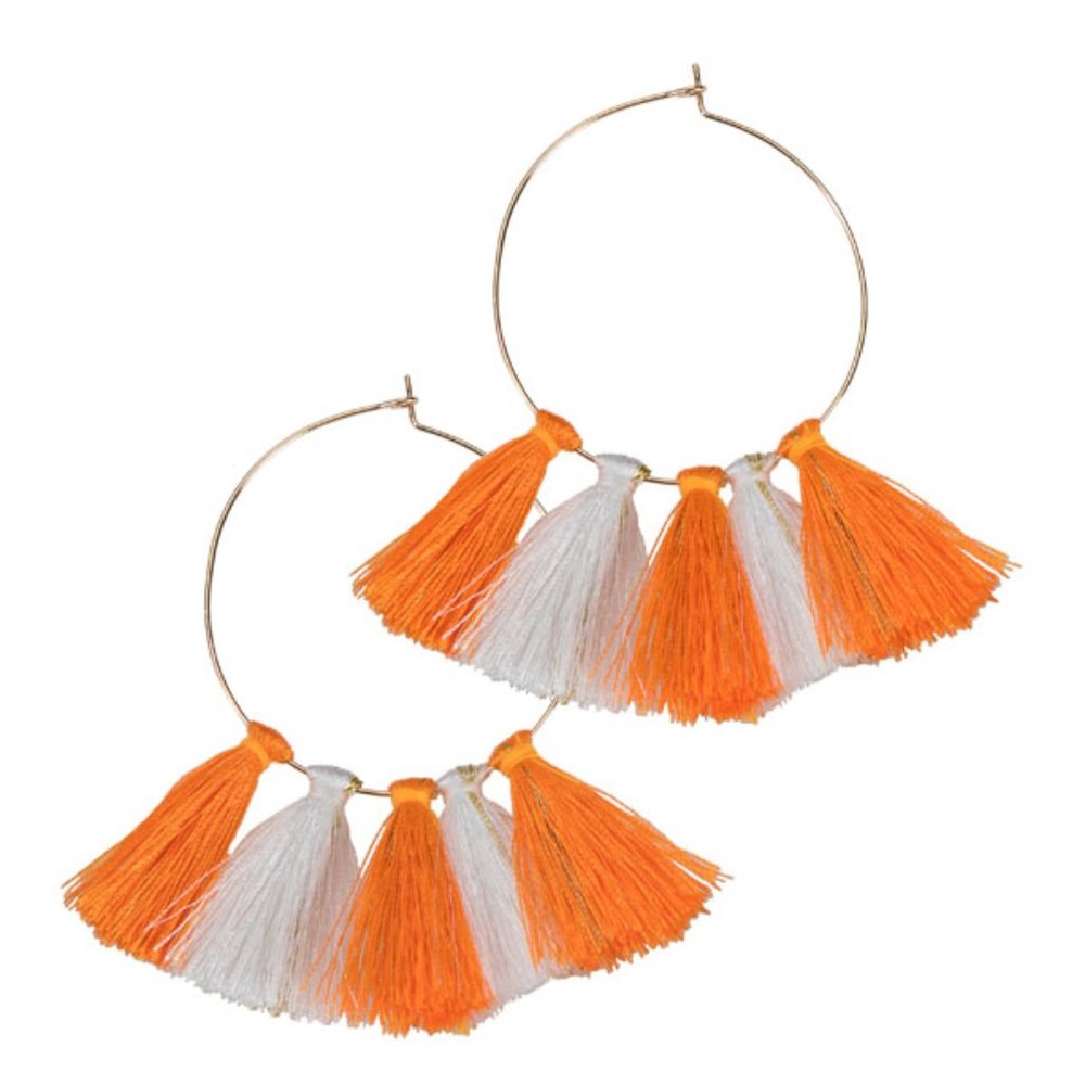 Orange and White Tassel Hoop Earrings